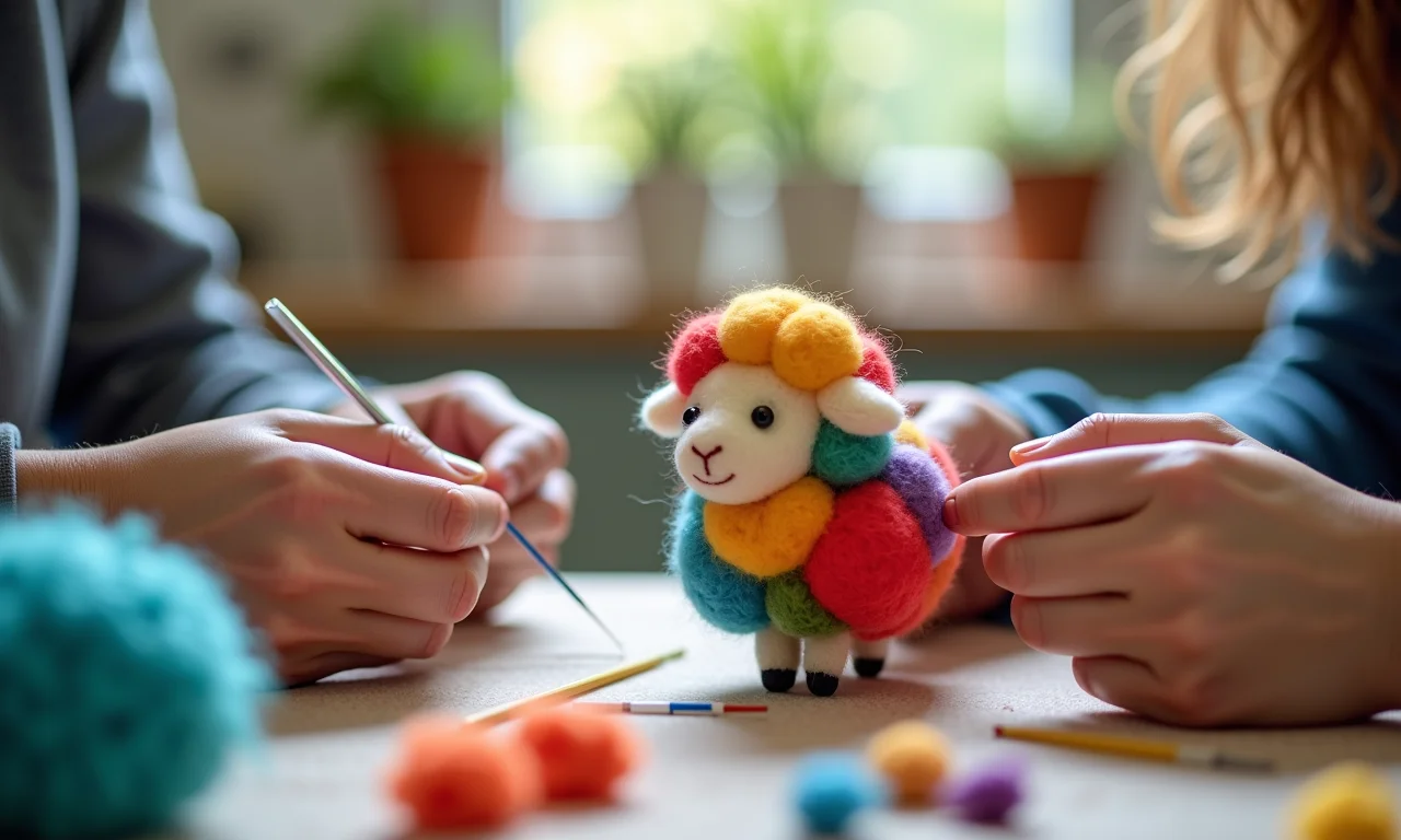 Feltragem com Agulha Como Fazer Animais e Figuras em 3D Mãos feltrando ovelha 3D com agulha em espaço de trabalho vibrante.