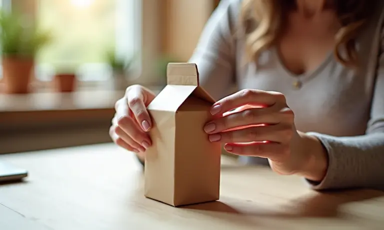 Mãos femininas montando caixa milk decorativa, passo a passo.