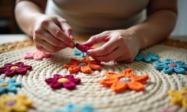 Mãos habilidosas criando flores de crochê vibrantes para aplicar em tapete artesanal.