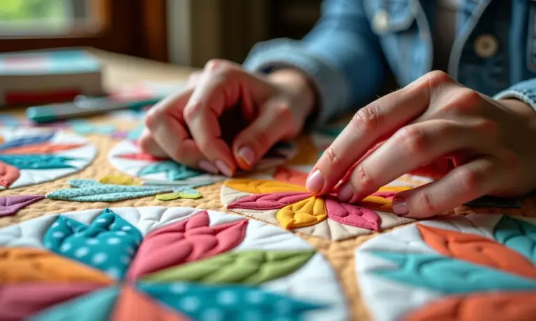 Mãos habilidosas trabalhando em um projeto de patchwork Foundation Paper Piecing (FPP)