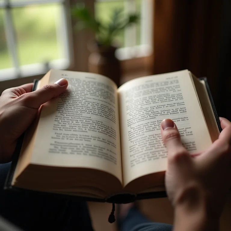 Mãos indicando uma citação importante em um livro aberto.