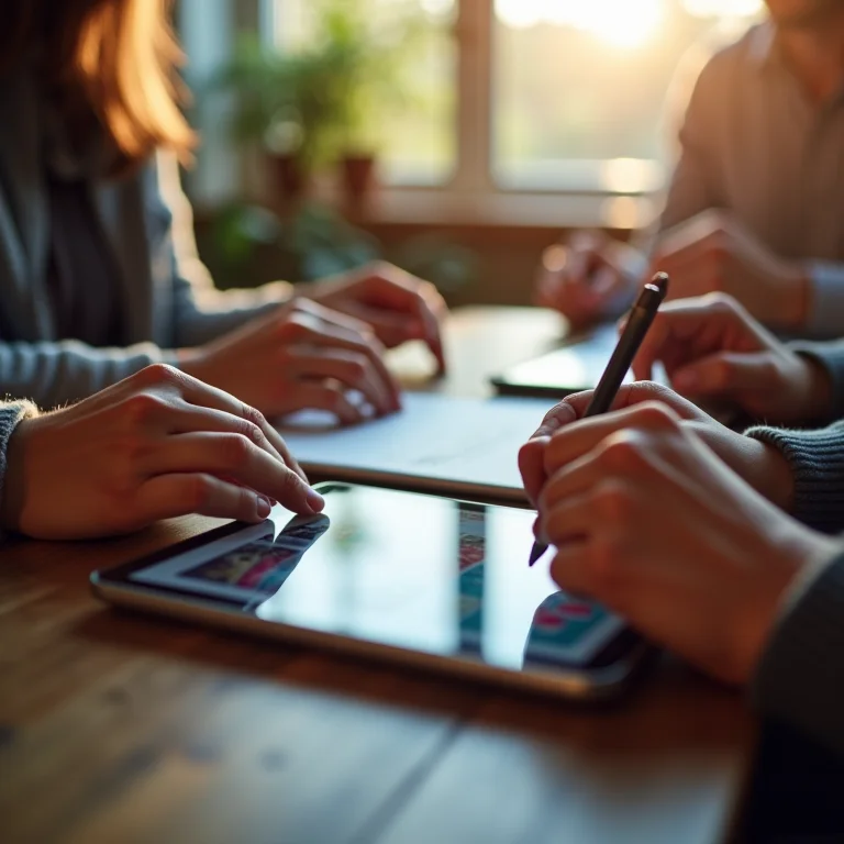 Mãos interagindo com o Pinterest em um tablet, representando a importância da interação com outros usuários.