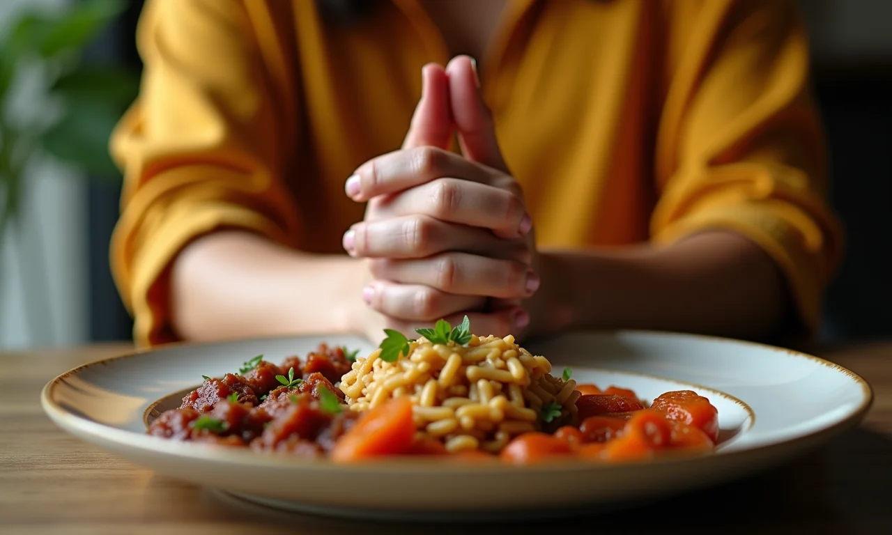 Mãos juntas em gratidão sobre um prato de comida, expressando agradecimento.
