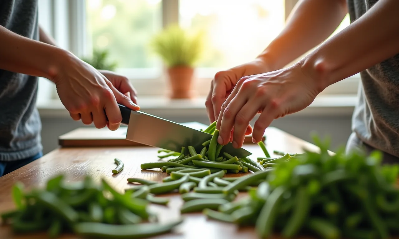 Mãos lavando e cortando vagens frescas na cozinha.