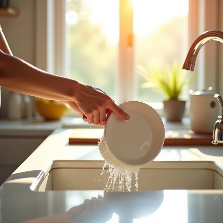 Mãos lavando louça em uma cozinha moderna