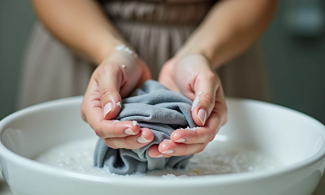 Mãos lavando meias-calças delicadamente à mão.