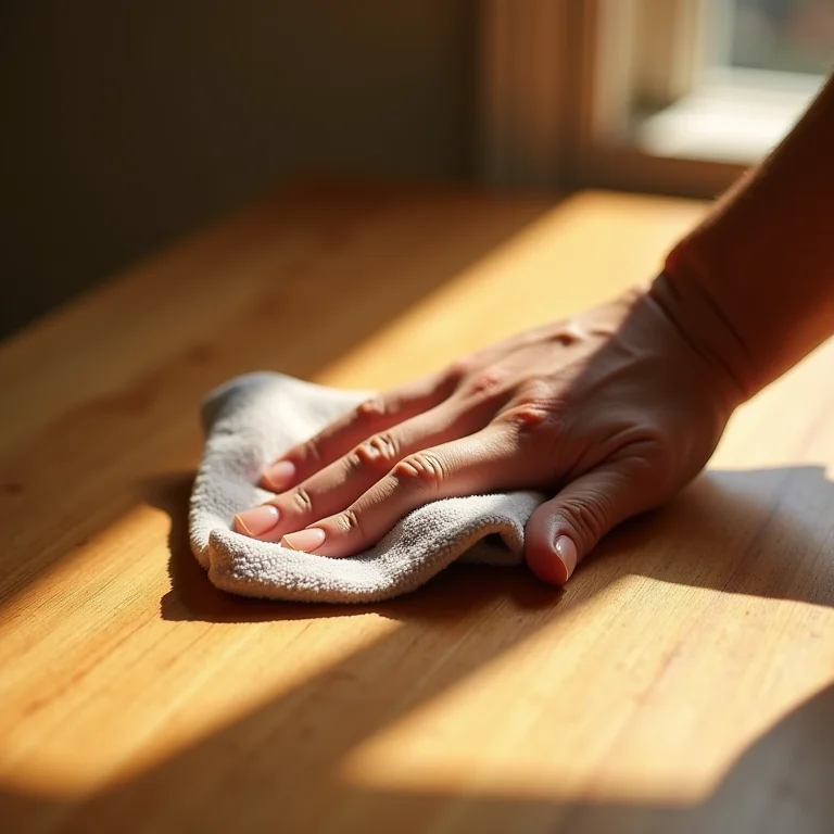 Mãos limpando uma superfície de madeira com pano de microfibra