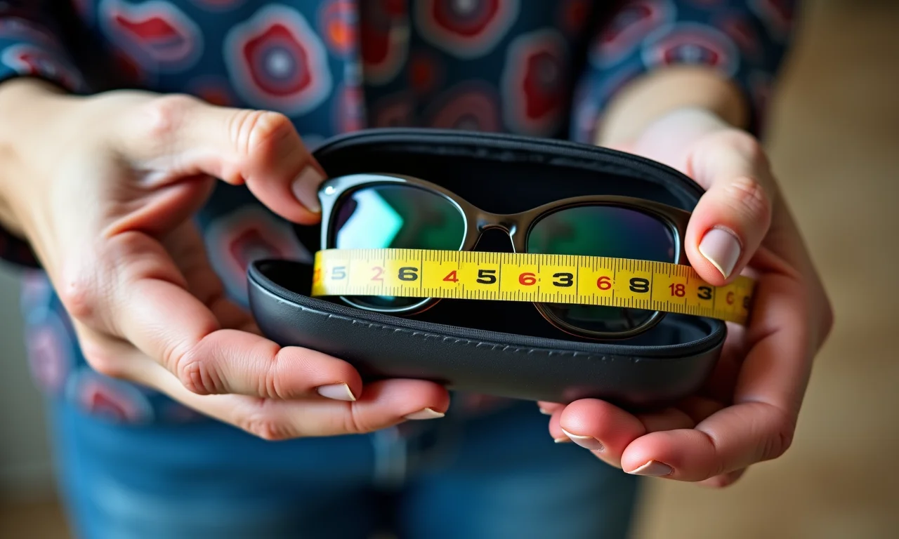 Mãos medindo dimensões de um porta-óculos com fita métrica.