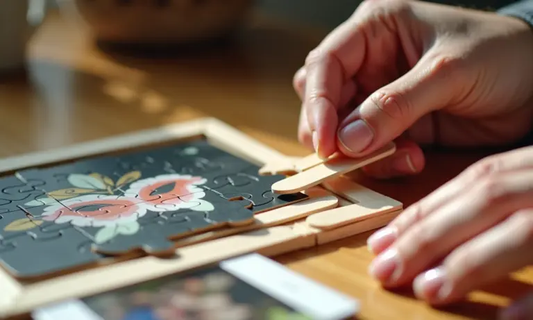 Mãos montando quebra-cabeça de palito de picolé com foto impressa.