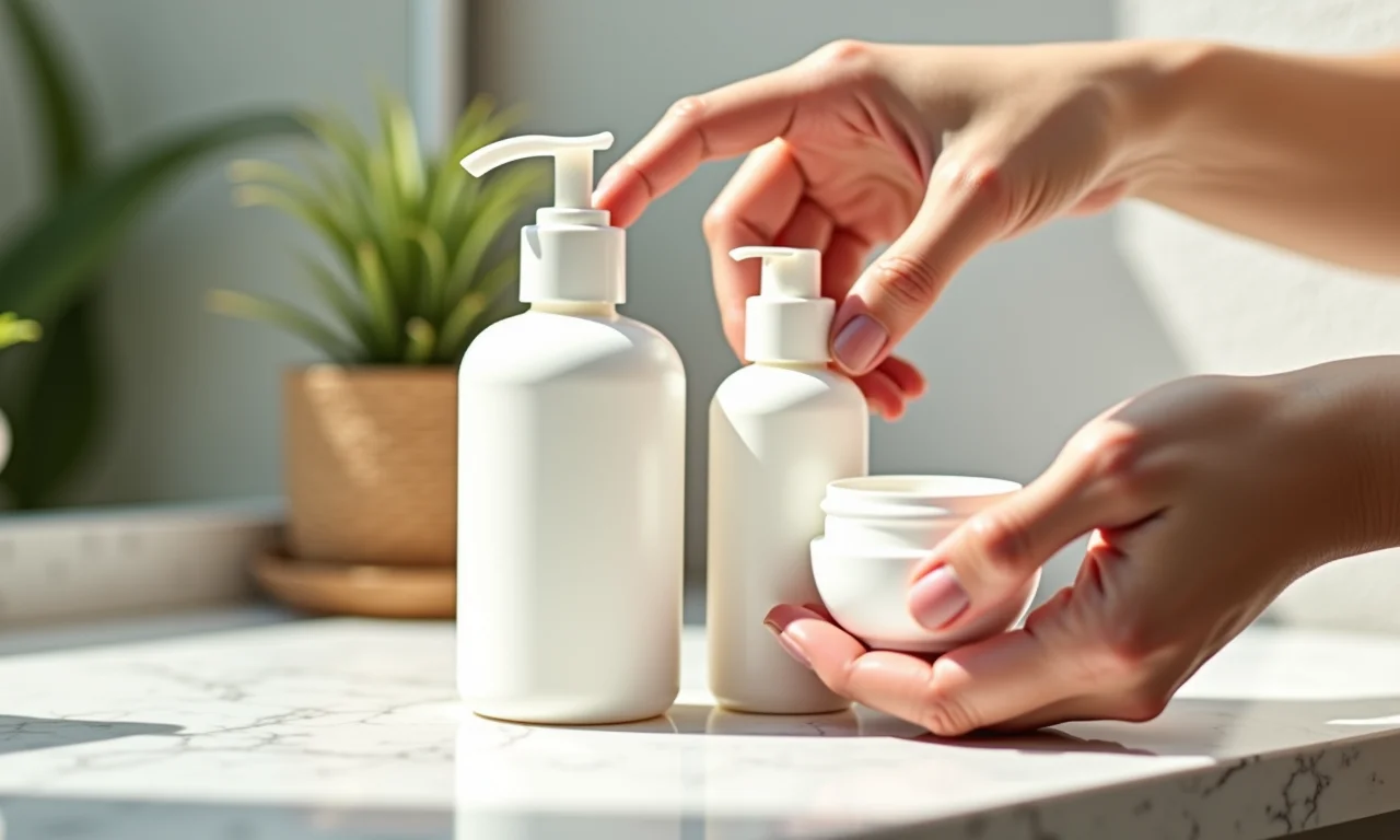 Mãos organizando produtos de skincare na ordem correta.