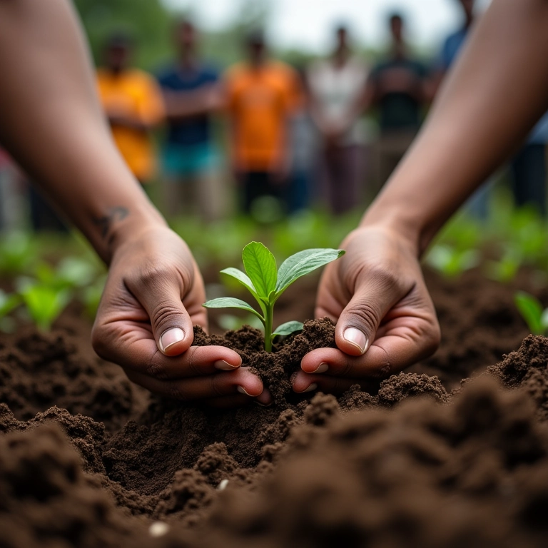 Mãos plantando mudas em solo fértil, representando investimento em projetos sociais.