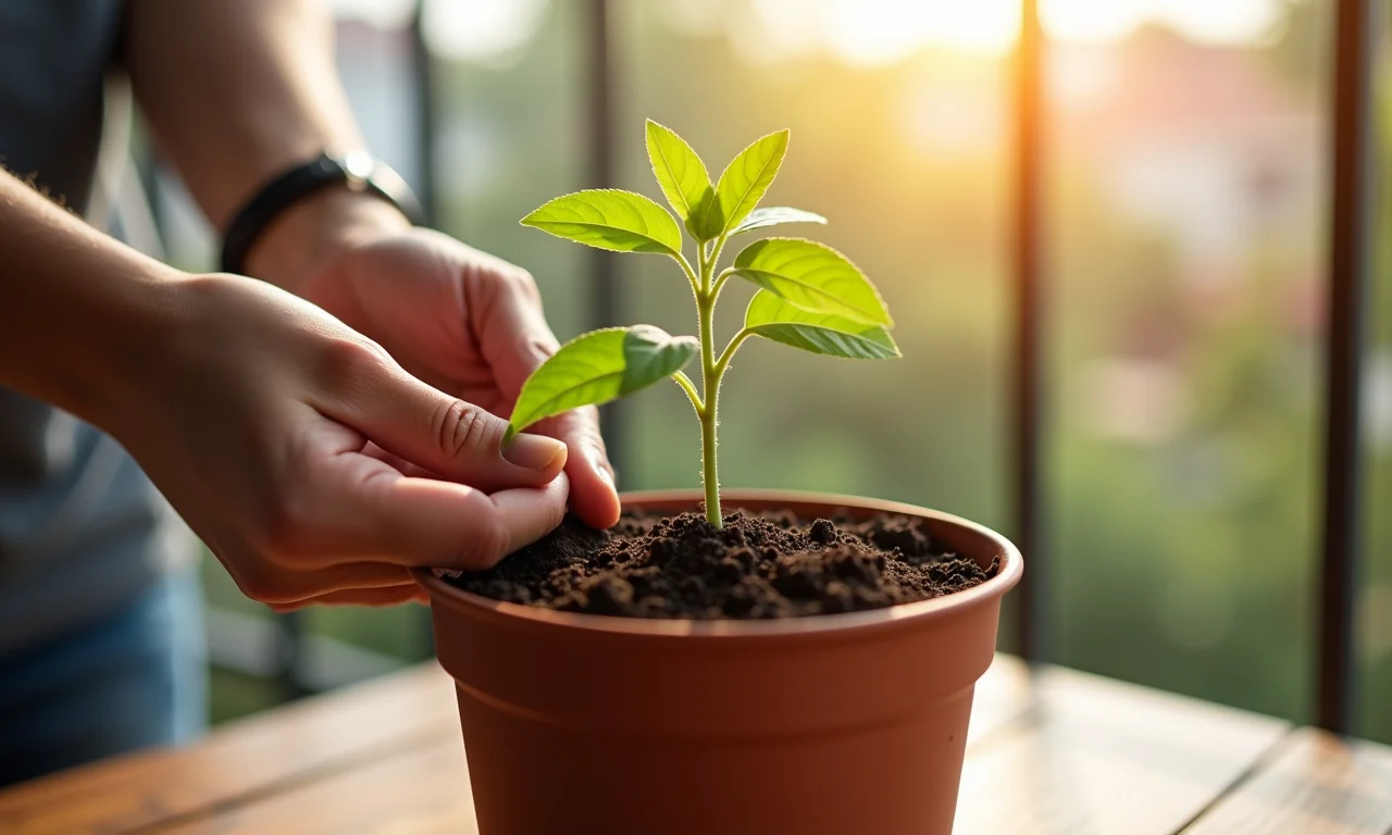 Mãos plantando uma muda de tempero num vaso, com varanda ensolarada ao fundo.