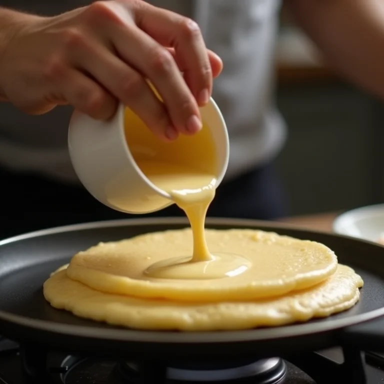 Mãos preparando a massa do crepe na frigideira.
