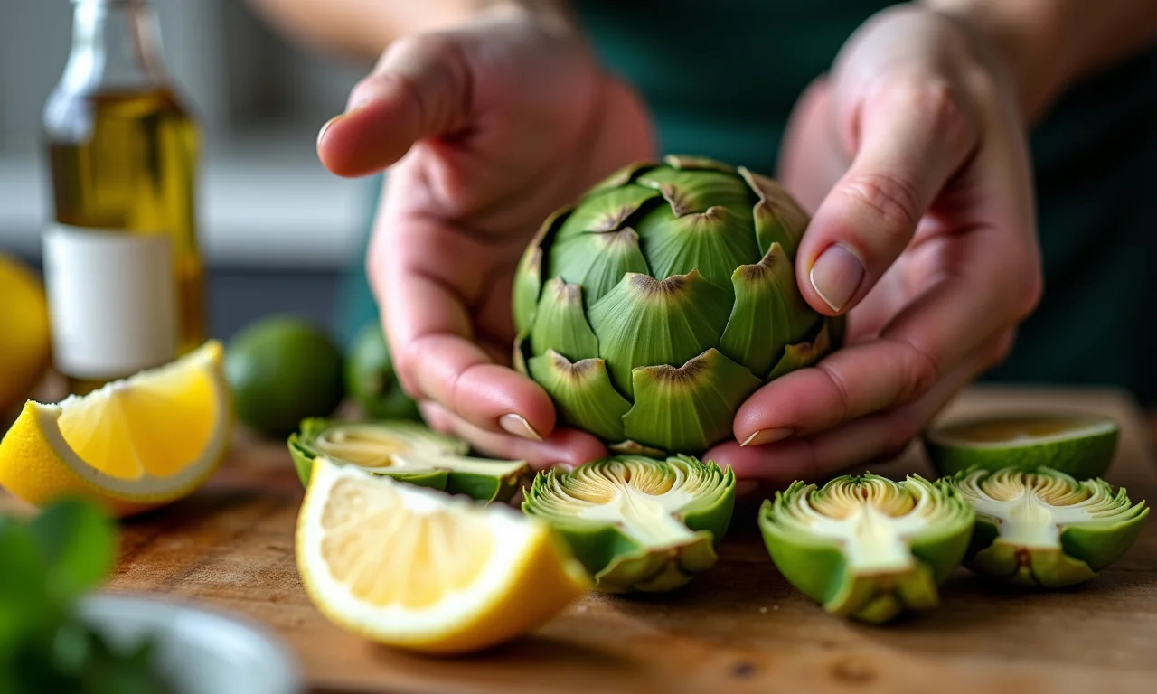 Mãos preparando corações de alcachofra com limão e azeite.