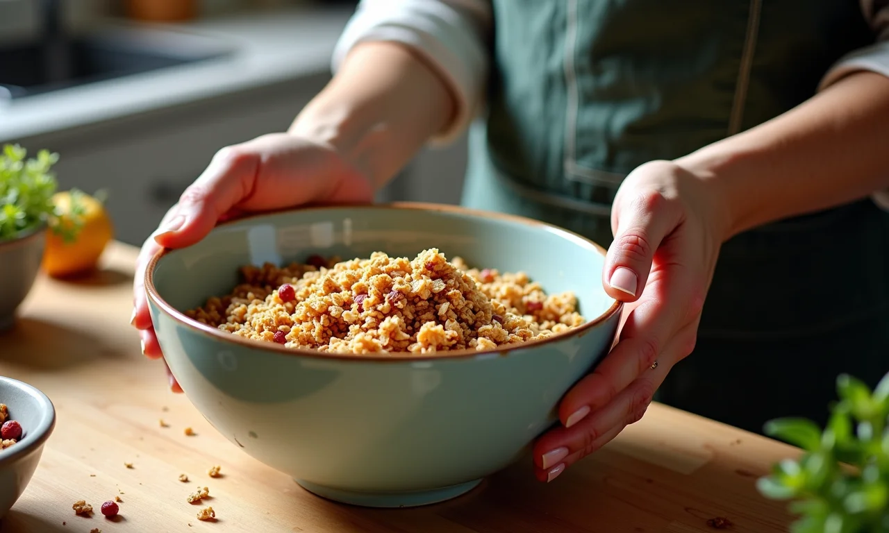 Mãos preparando granola caseira em uma tigela.