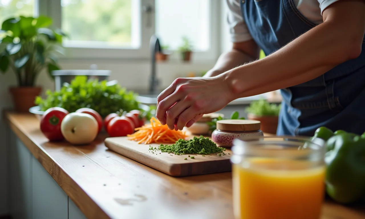 Mãos preparando ingredientes para fermentação em uma cozinha iluminada.