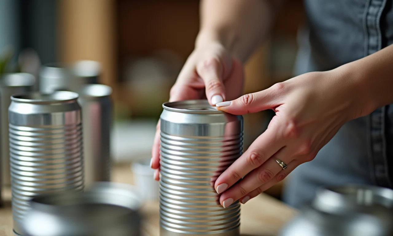Mãos preparando latas de alumínio para decoração.