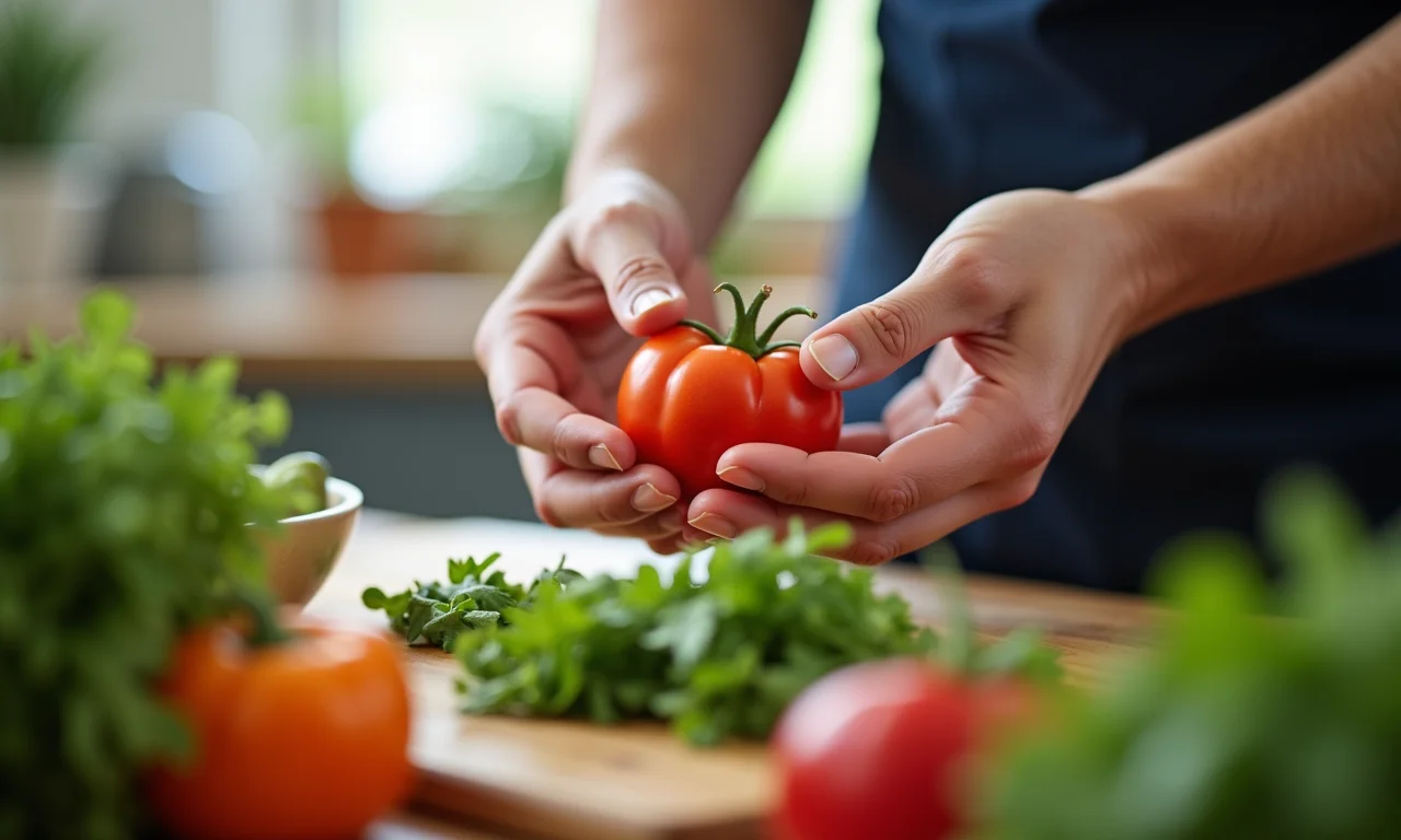 Mãos preparando vegetais com atenção plena em uma cozinha iluminada.