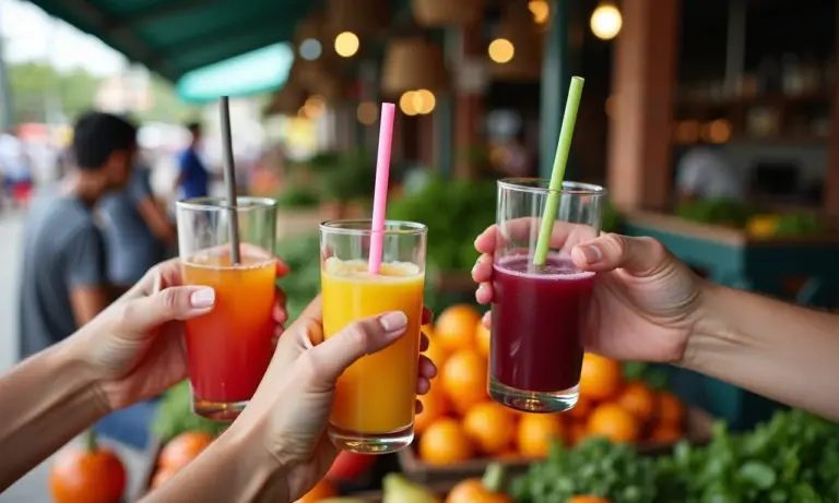 Mãos segurando canudos reutilizáveis em mercado brasileiro