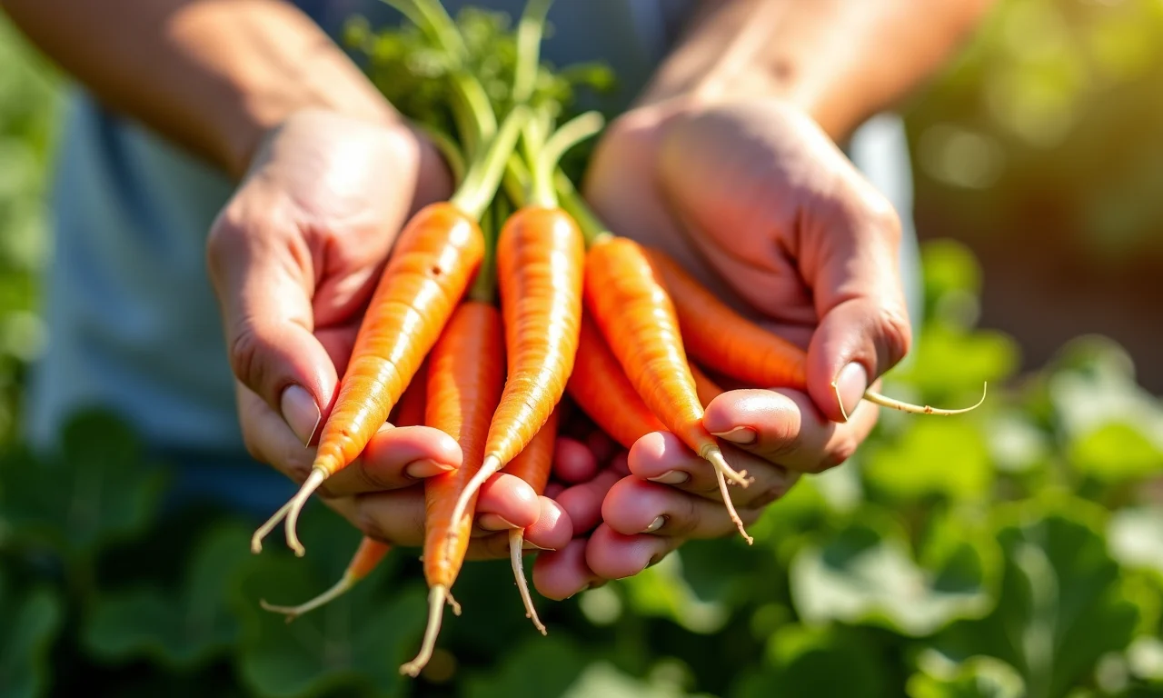 Mãos segurando cenouras frescas em um jardim ensolarado.