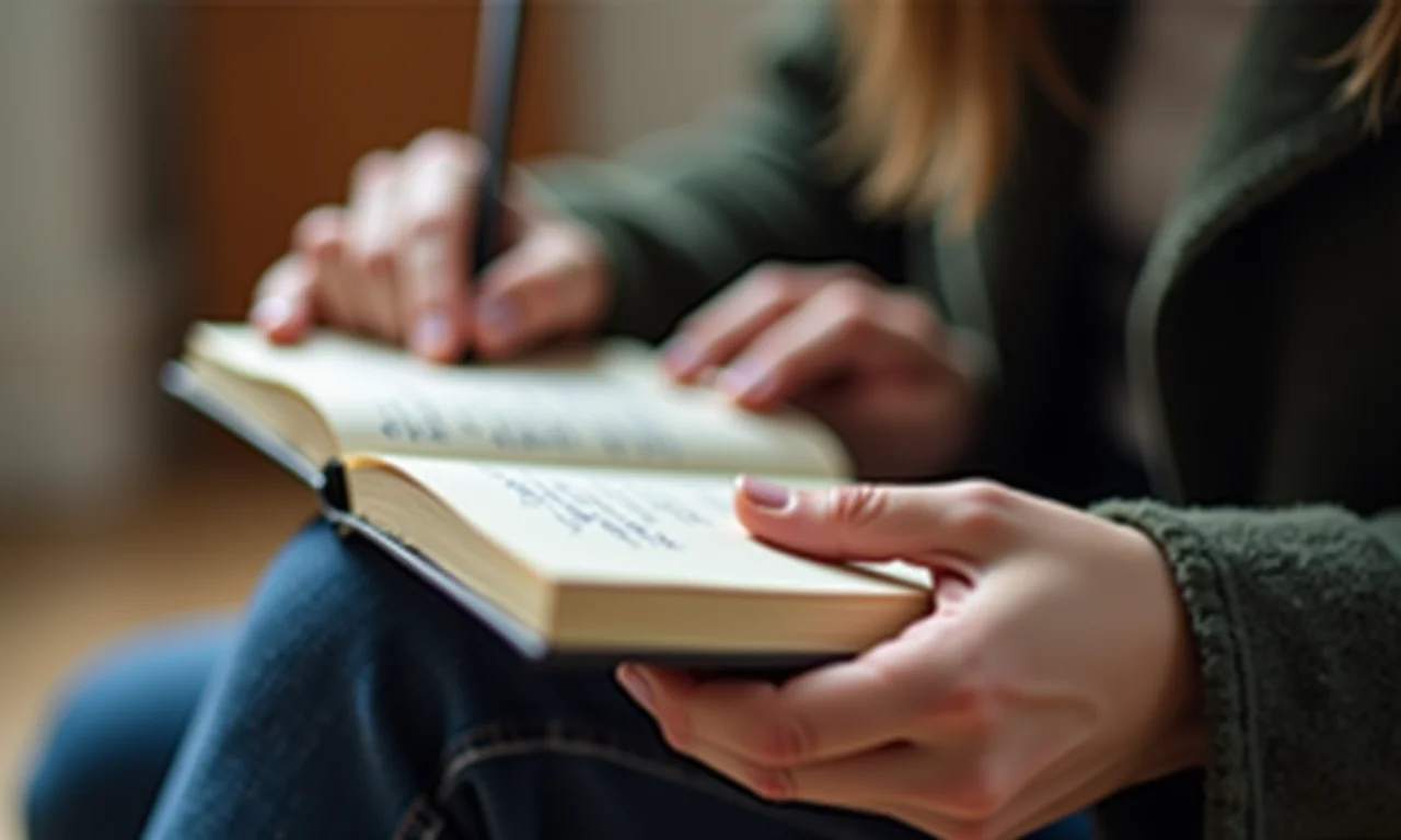 Mãos segurando diário com anotação manuscrita, fundo levemente desfocado.