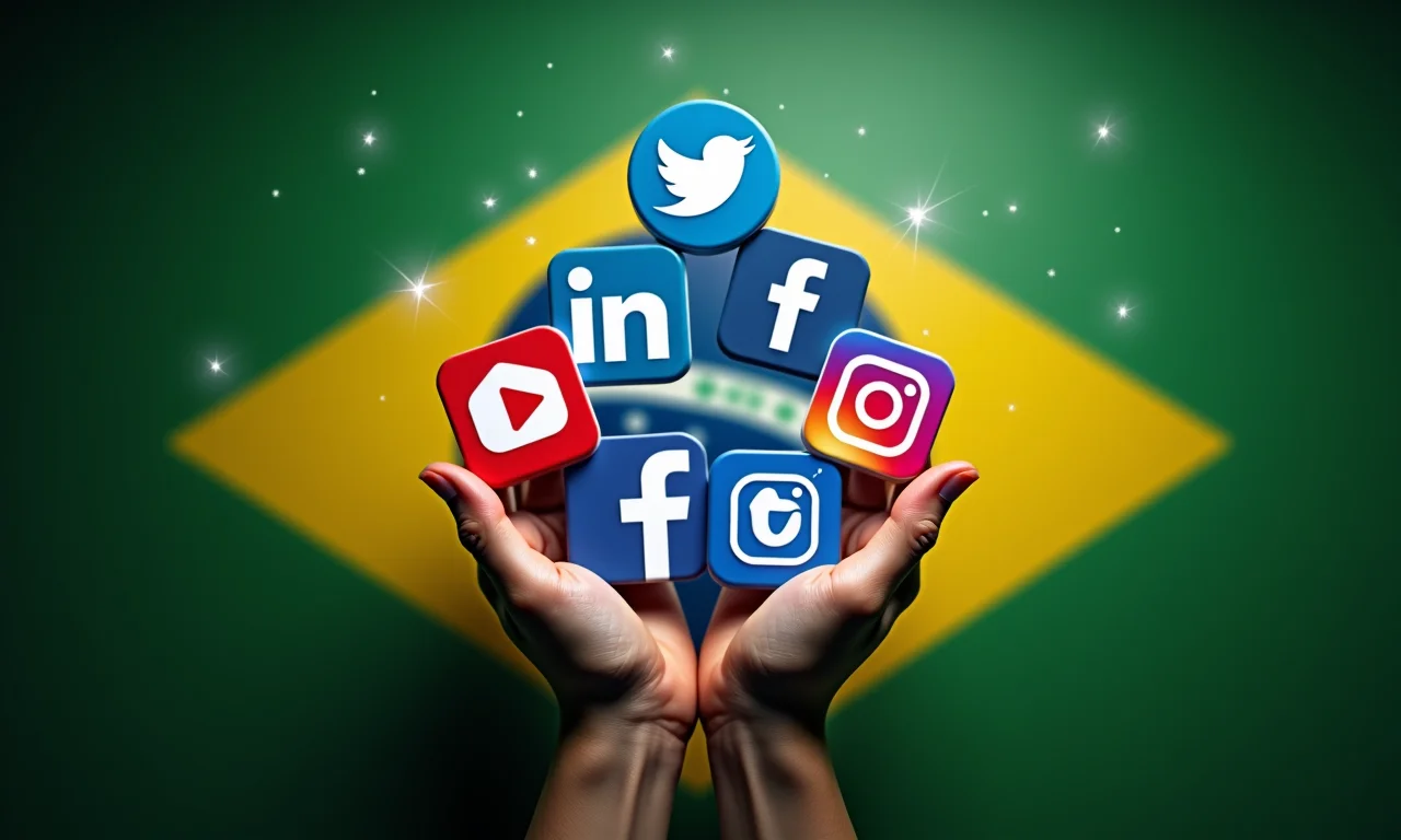 Mãos segurando ícones de redes sociais com as cores da bandeira do Brasil.