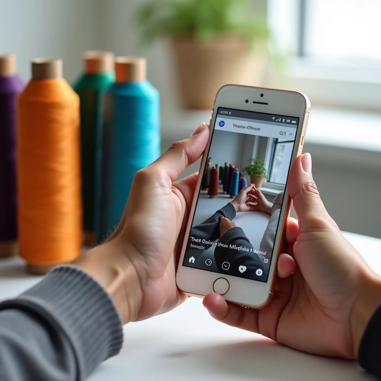 Mãos segurando smartphones mostrando projetos de costura no Instagram.