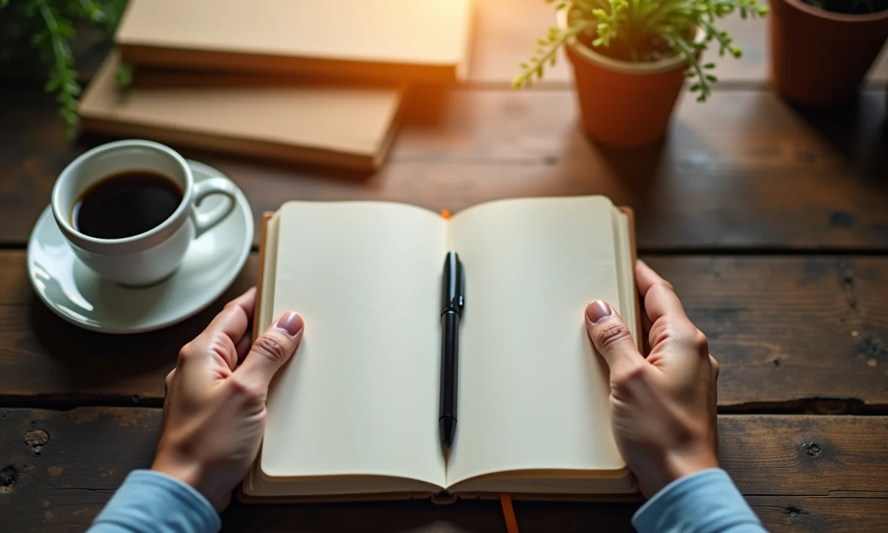 Mãos segurando um caderno aberto em mesa de madeira rústica com xícara de café.