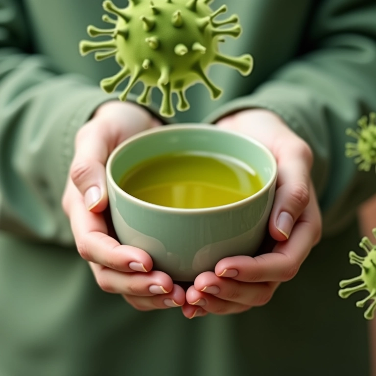 Mãos segurando uma xícara de chá verde, ilustração de células do sistema imunológico ao fundo.