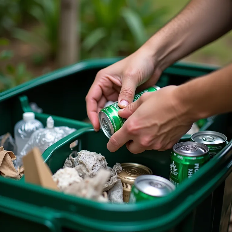 Mãos separando lixo reciclável em compartimentos diferentes na cozinha.