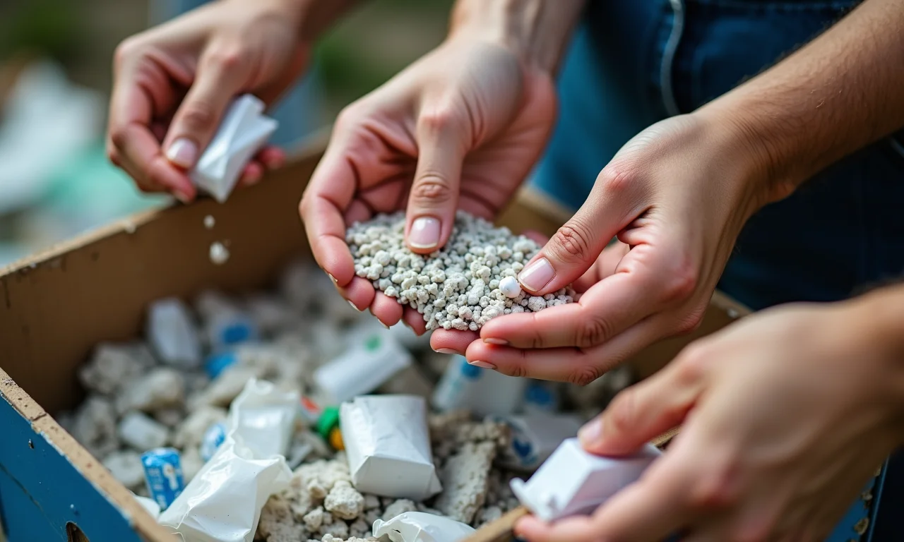 Mãos separando materiais recicláveis: papel, plástico, vidro.