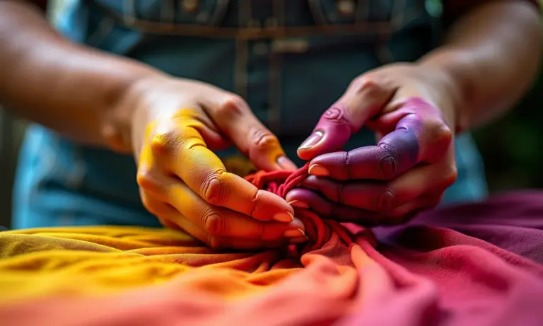 Mãos tingindo tecido com corantes naturais, cores vibrantes.