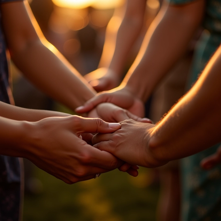 Mãos unidas em círculo durante dança, simbolizando conexão e comunidade.