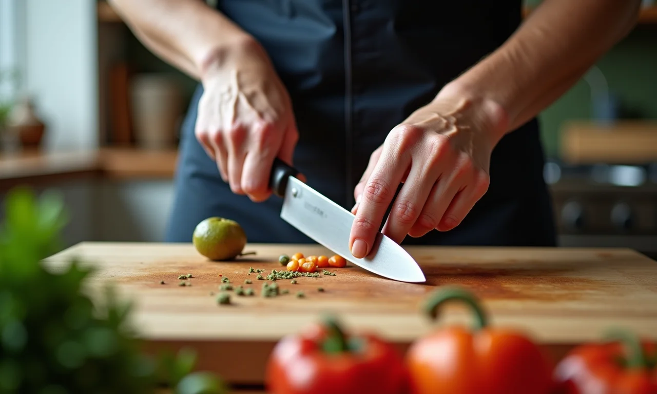 Mãos usando faca com proteção de segurança.