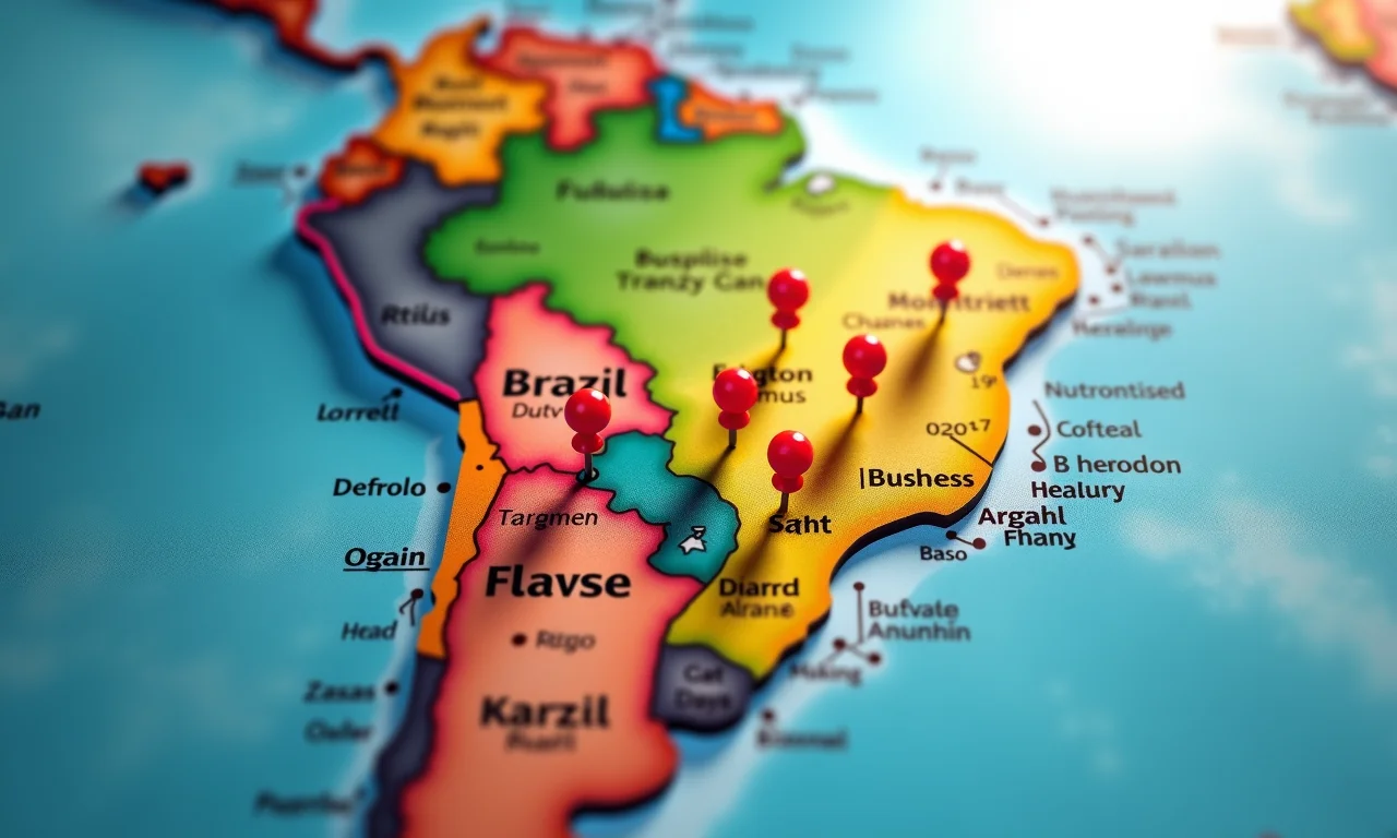 Mapa do Brasil com pins de negócios locais destacados.