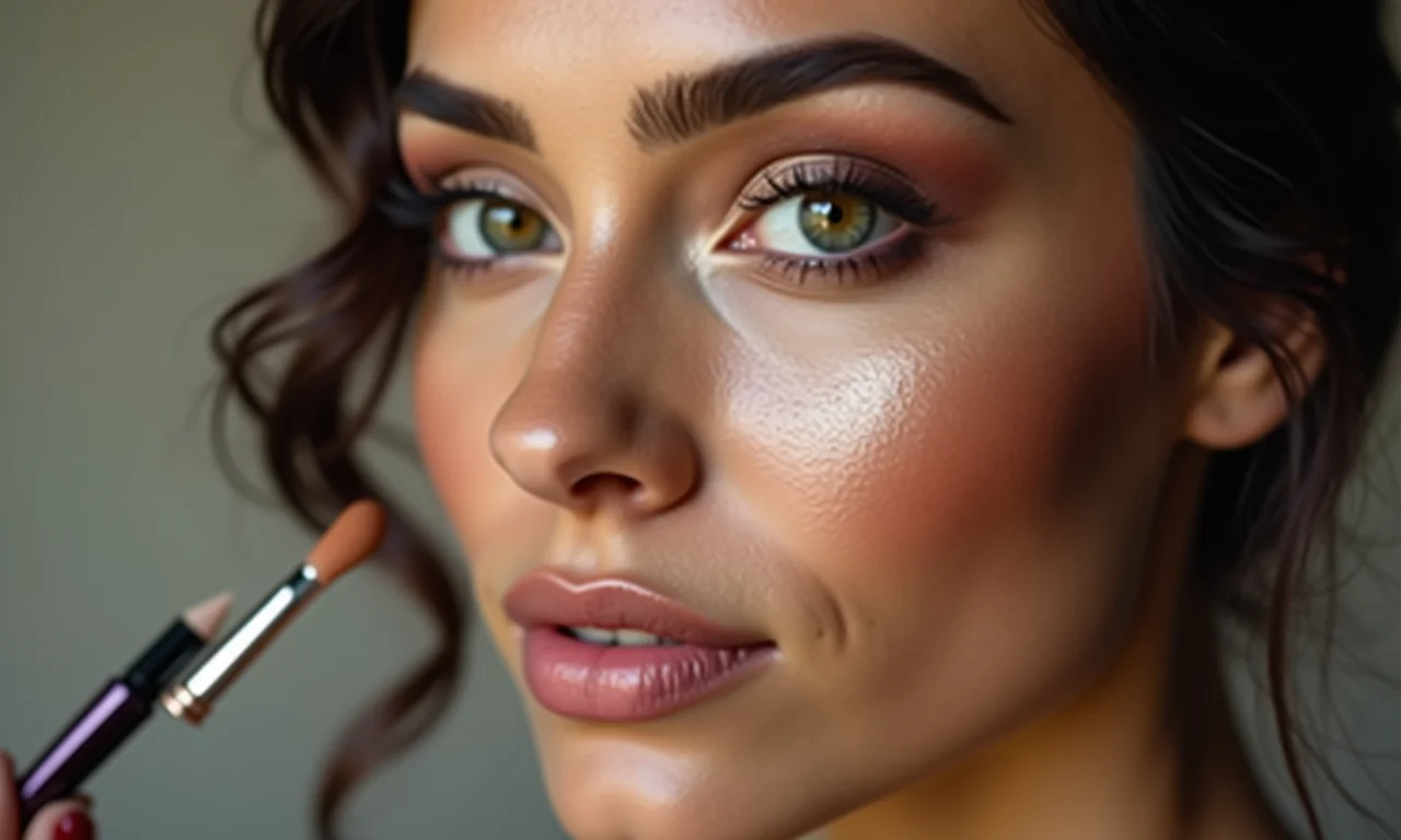 Maquiagem sendo esfumada suavemente no rosto de uma mulher, sem linhas marcadas.