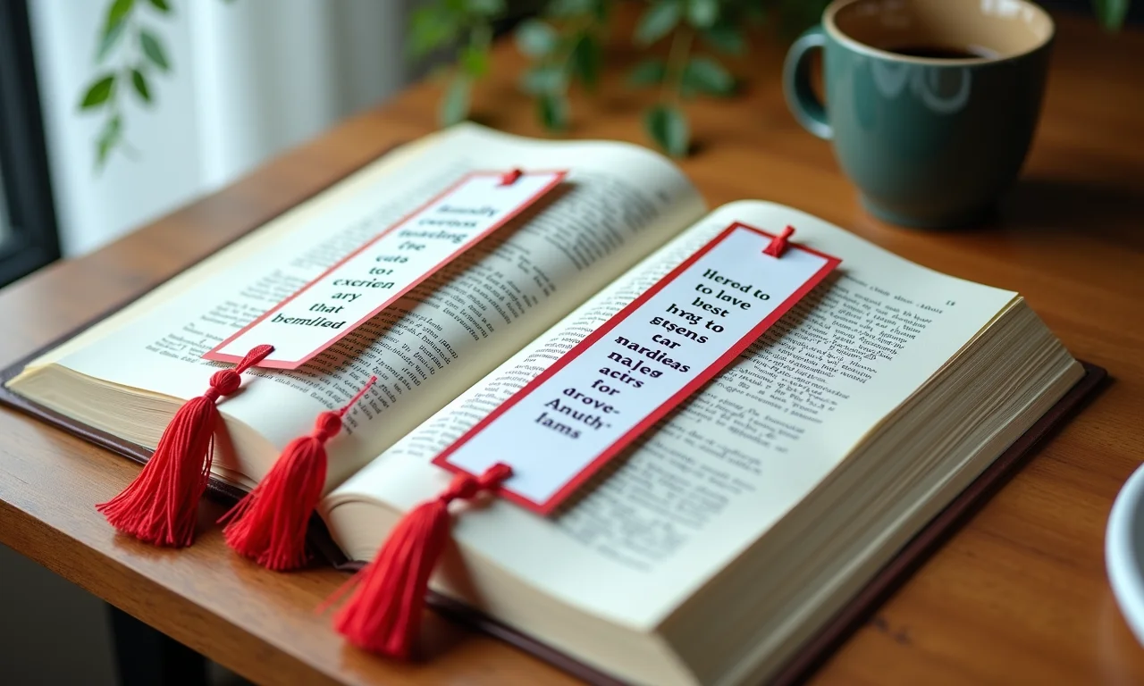Marcadores de página criativos com frases personalizadas em uma mesa de madeira.