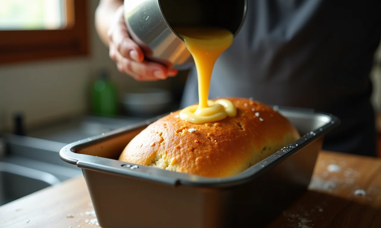 Massa de pão de liquidificador sendo despejada em forma.