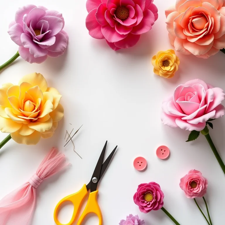 Materiais básicos para criar flores de tecido: tecidos, tesoura, agulha, botões.