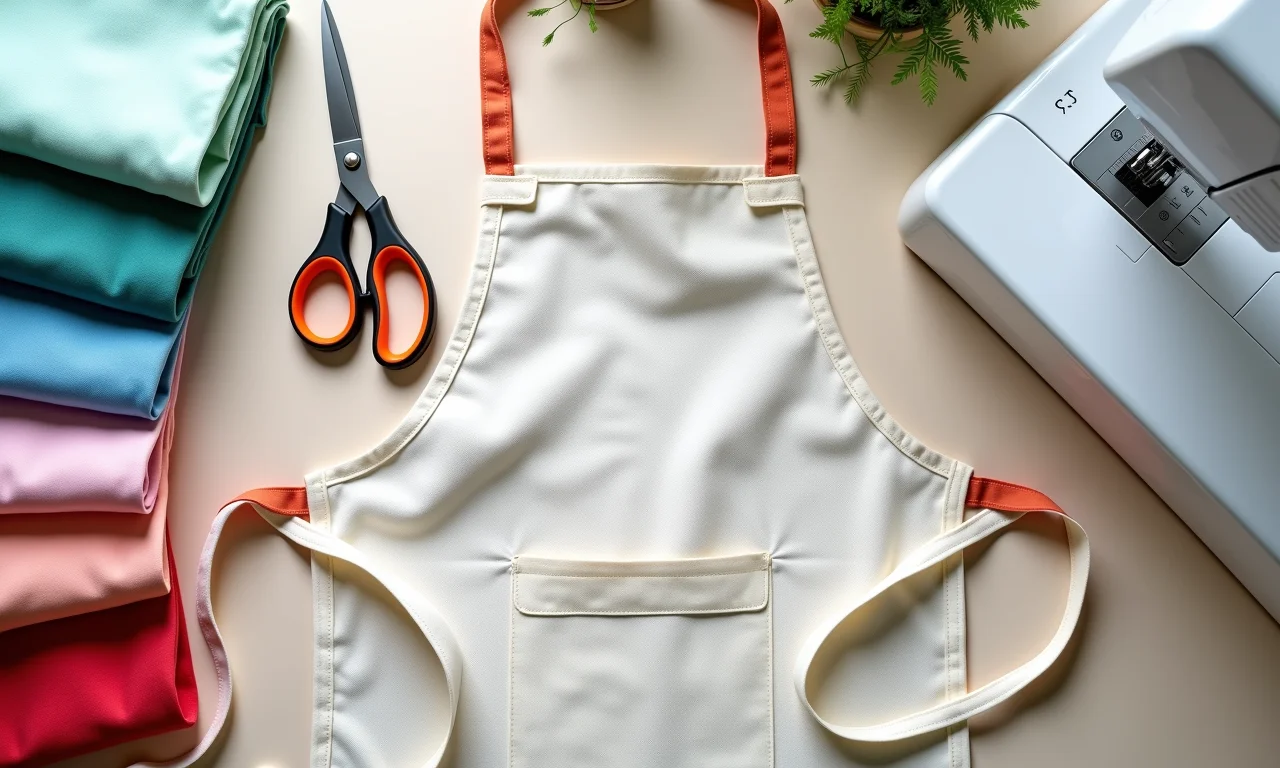 Materiais essenciais para fazer um avental de cozinha: tecidos, tesoura, fita métrica.