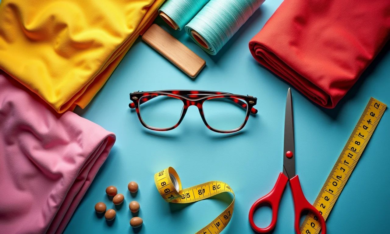Materiais essenciais para fazer um porta-óculos: tecidos, tesoura, fita métrica, linha.