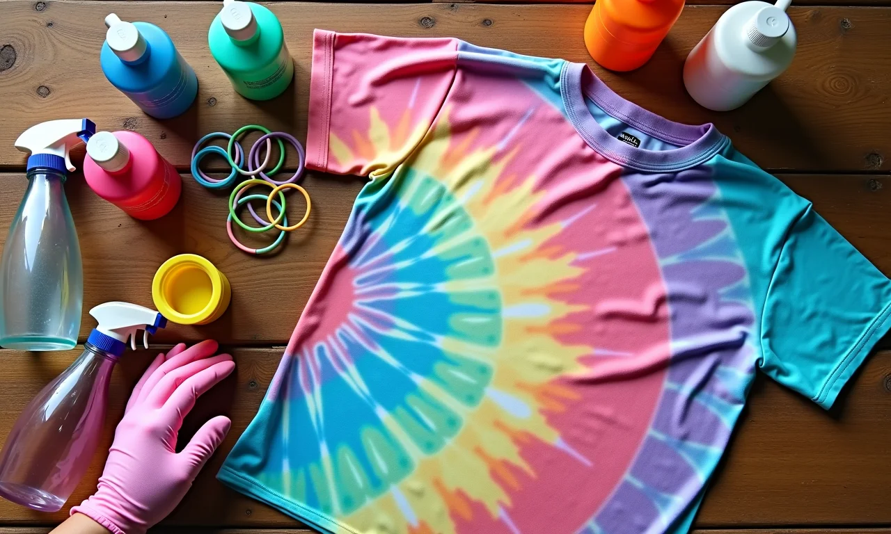Materiais essenciais para tie dye em cima de uma mesa.
