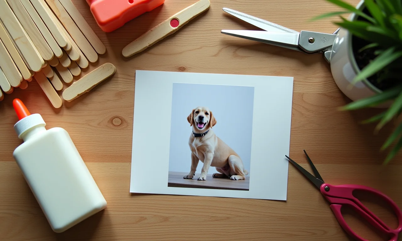 Materiais para fazer um quebra-cabeça de palito de picolé e foto.