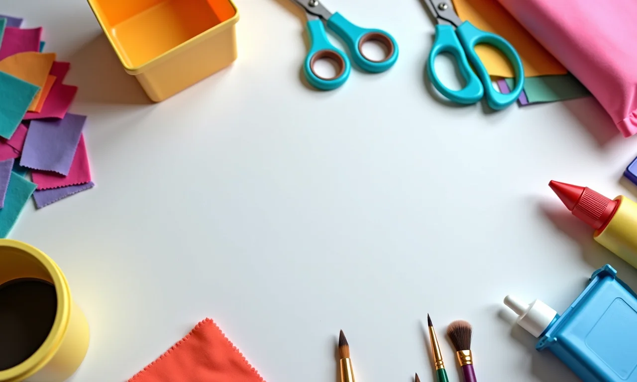 Materiais para reciclagem de porta-lenços: caixa vazia, tecidos, cola, tesoura, pincéis.