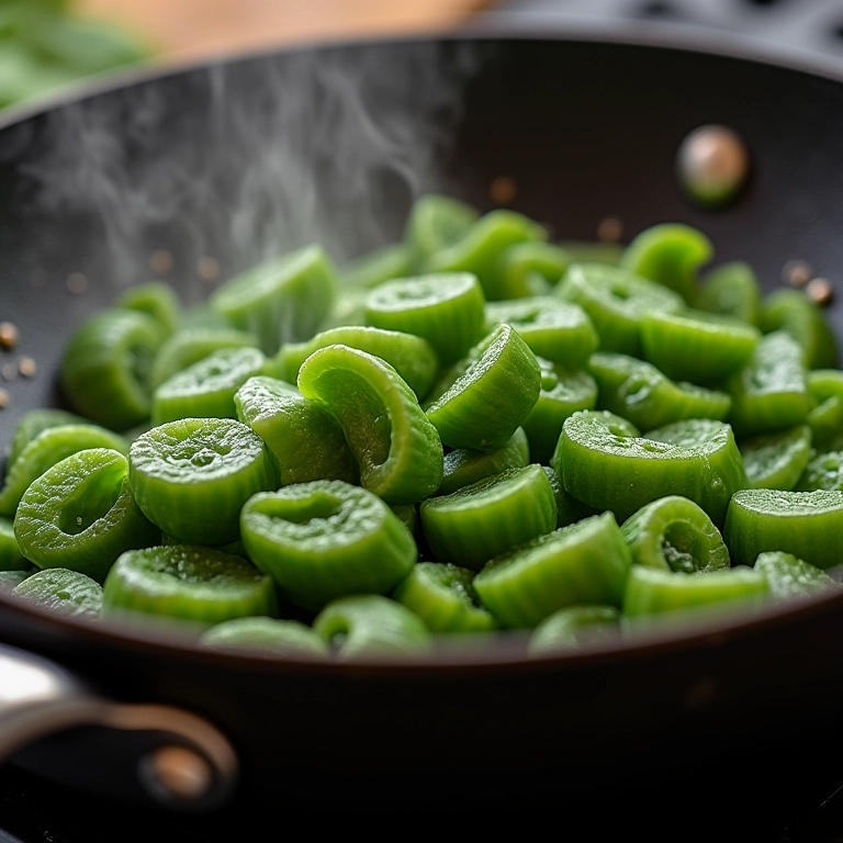 Maxixe sendo refogado na panela, crocante e saboroso.