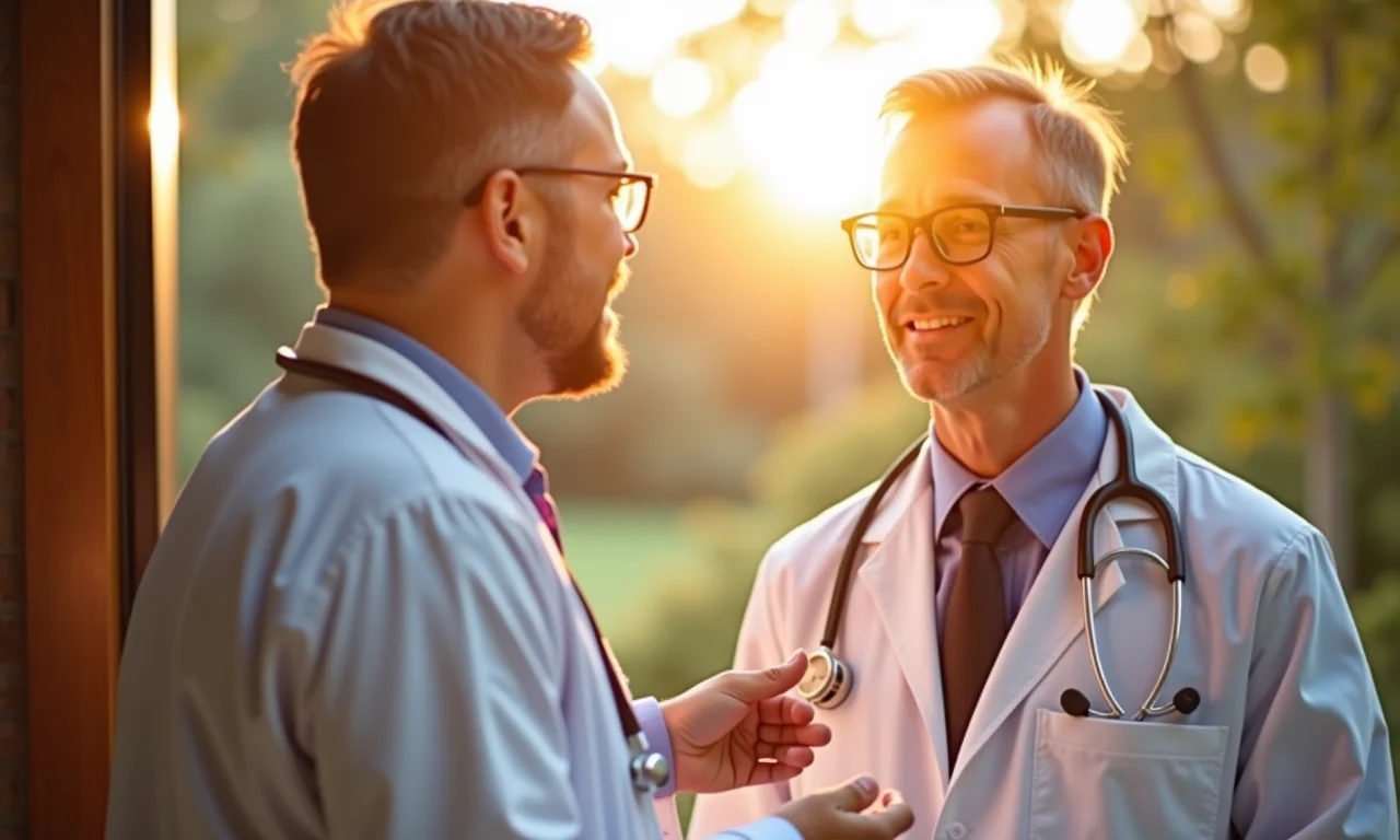 Médico explicando a dose diária recomendada de vitamina D para um paciente.