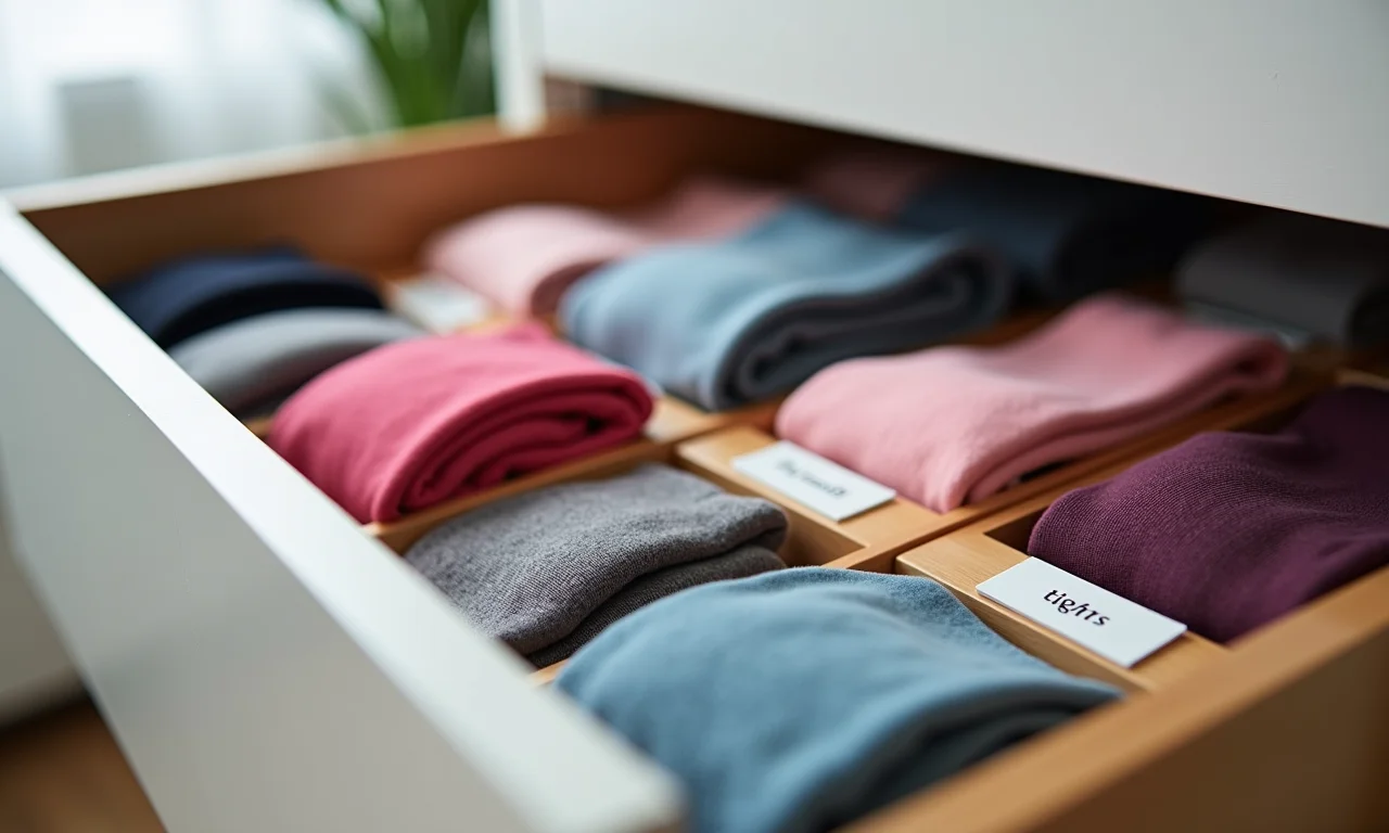 Meias-calças organizadas em gaveta com divisórias.