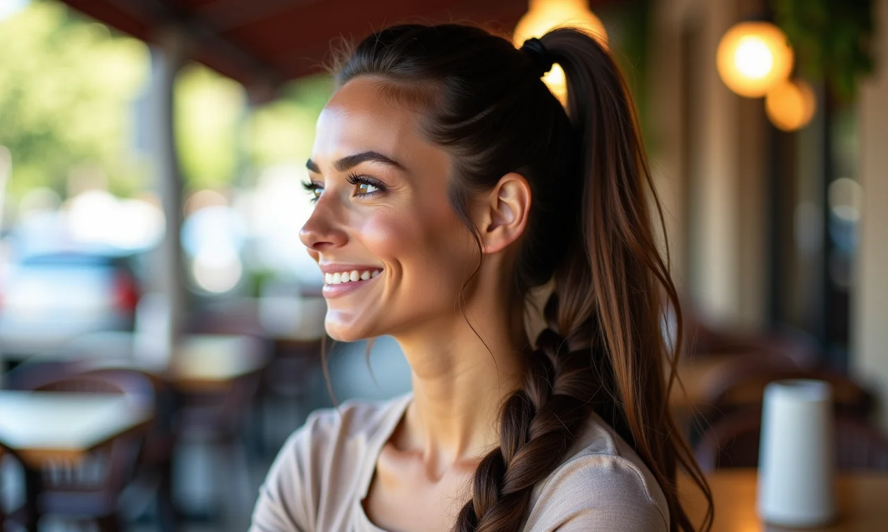 Meio rabo com trança lateral em cabelo médio.