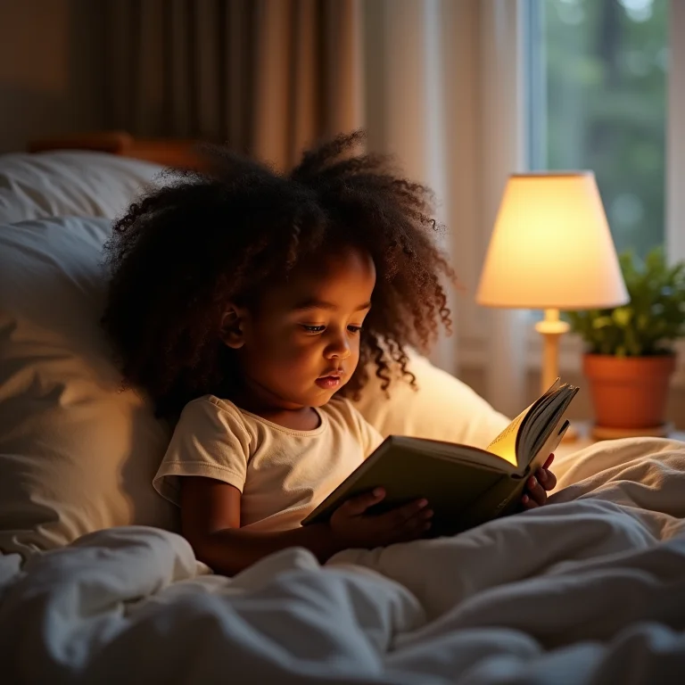 Menina lendo um livro na cama com iluminação suave