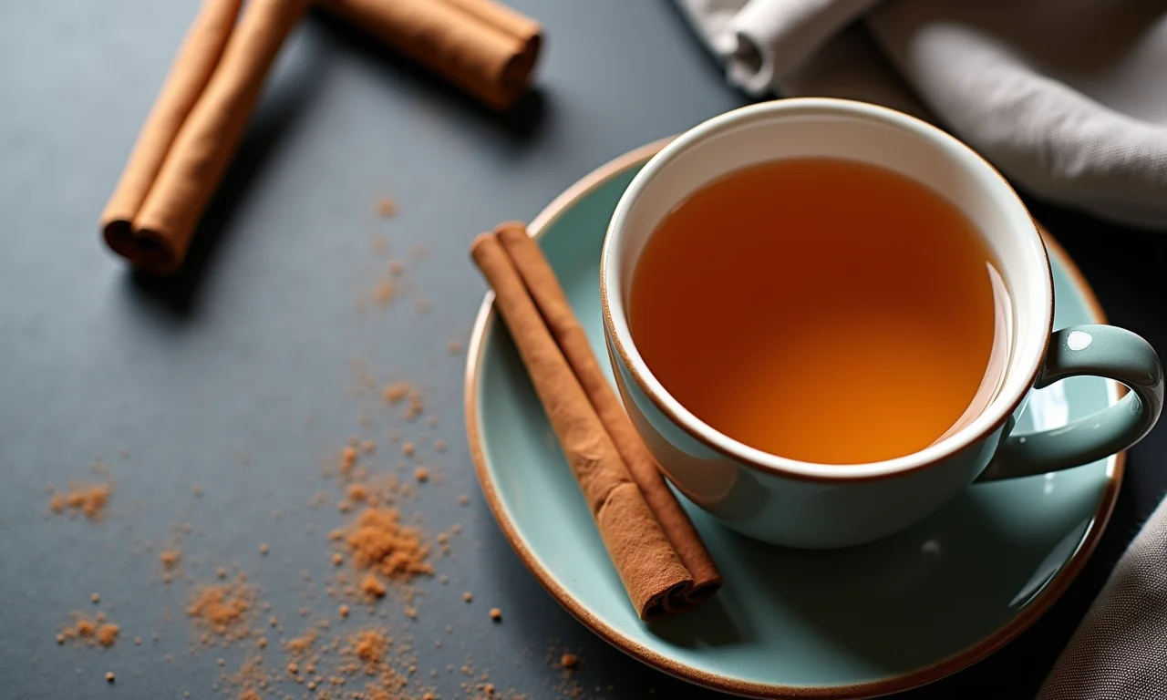 Mesa com chá digestivo contendo canela.